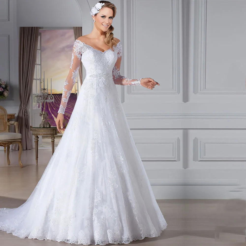 

Elegant Vintage A-line Bridal Gown Off Shoulder Long Sleeves Dress Wedding Custom Made Lace Beading Appliques Party Clothing