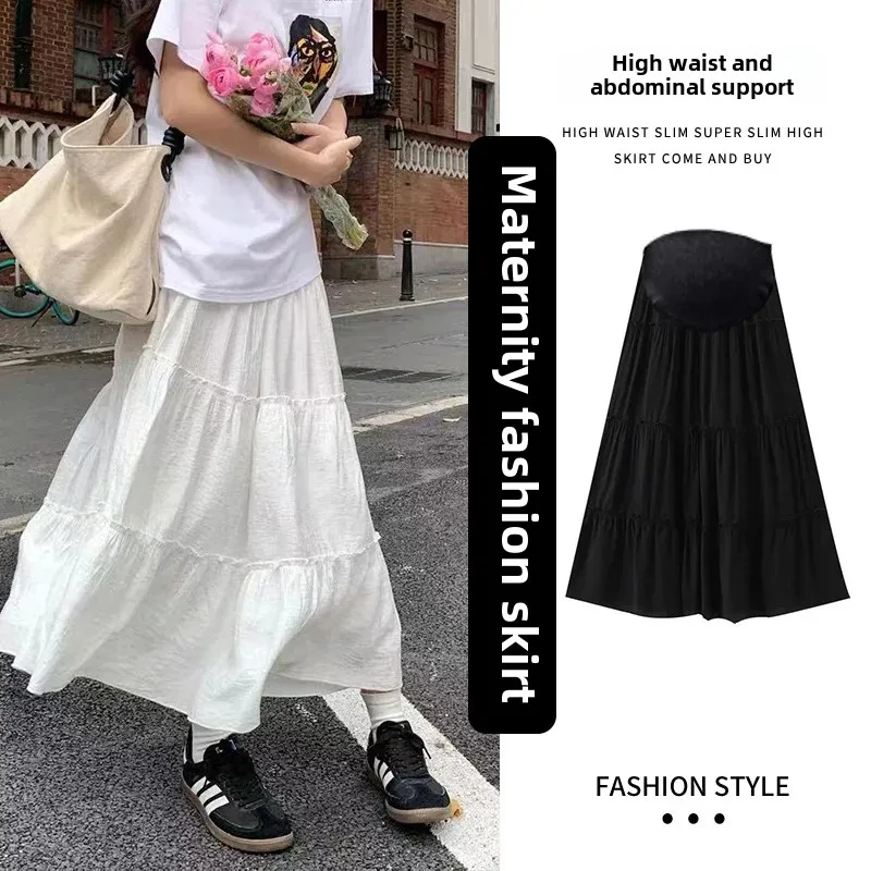 Maternity Half Skirt Summer Pleated Fluffy Umbrella Skirt Draped Fairy White Cake Solid Color Soft Cotton Maternity