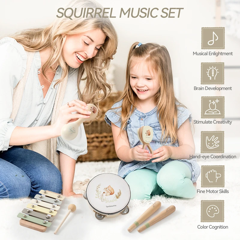 1Set Baby Wooden Squirrel Pattern Musical Instruments Montessori Multi-function Musical Game Interactive Instrument Newborn Gift 2
