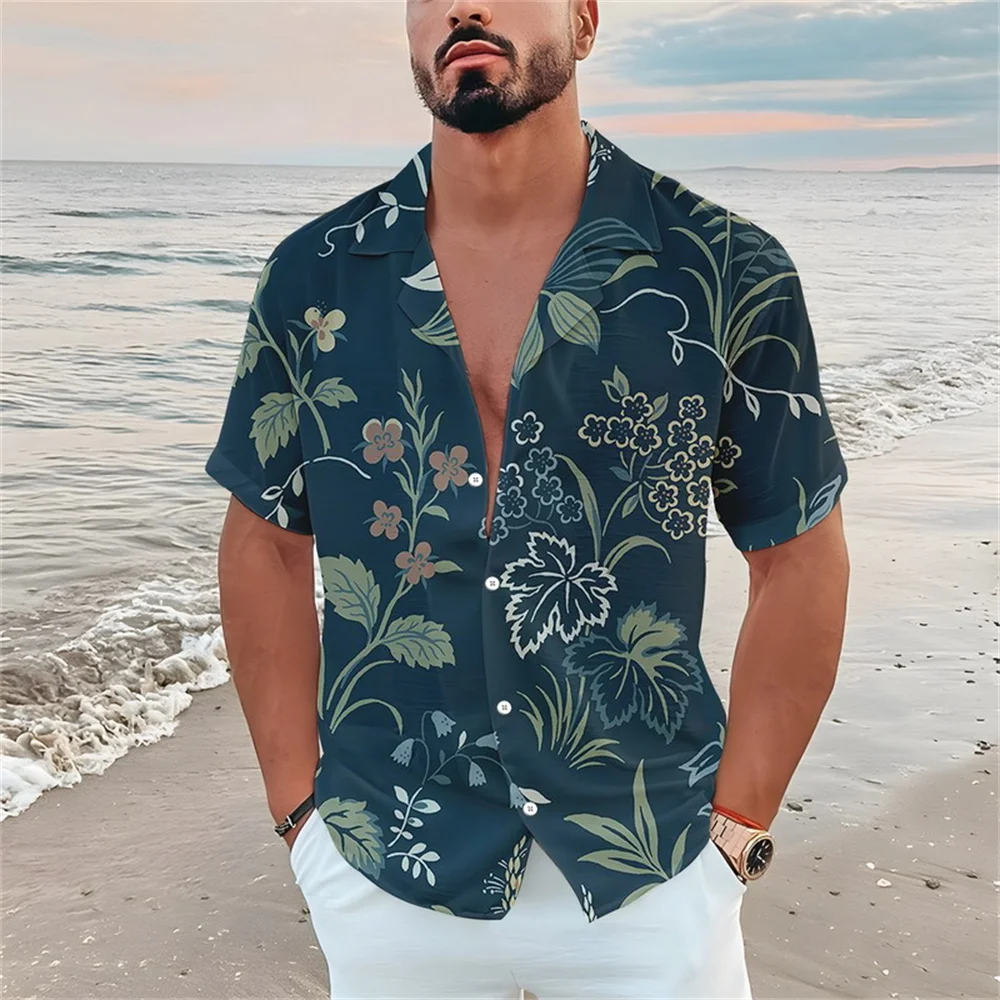 Summer men's casual short sleeved shirt Beach Plant flower 3D printed Hawaiian lapel 2024 New 2