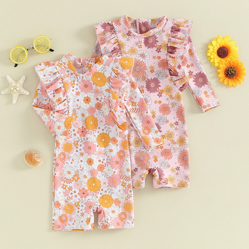 

Baby Girl Swimsuits Summer Floral Print Ruffles Long Sleeves Jumpsuit Swimwear Toddler Girl Bathing Suits Beachwear