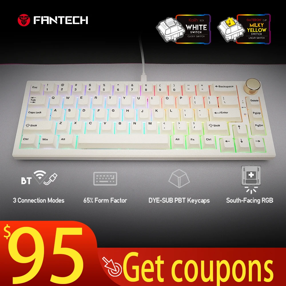 Fantech MAXFIT67 Bluetooth Wireless Hot Swap Keyboard PBT DYE-SUB Keycaps RGB Wired Knob Encoder Kailh Box Gateron Milky Yellow keyboard desktop