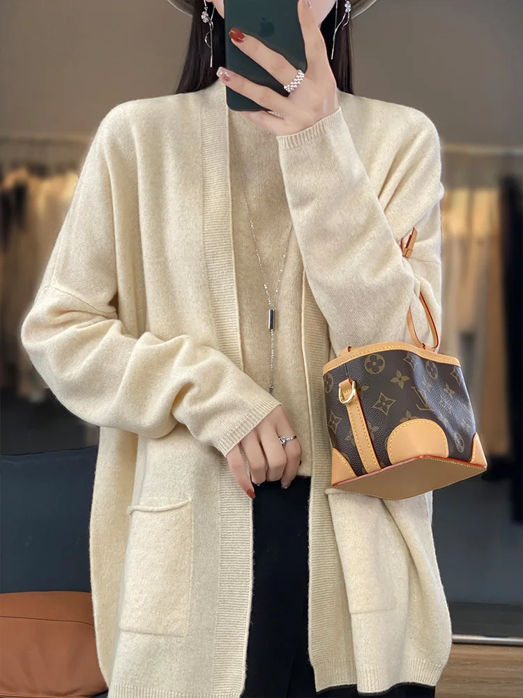 여성용 울 가디건, 오픈 스티치 니트 스웨터, Mujer 긴팔 상의, 포켓 니트웨어, 한국 패션, 아우터, 신상