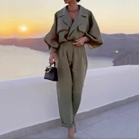 Jada Lapel V-neck Long Lantern Sleeve Pant Set 1