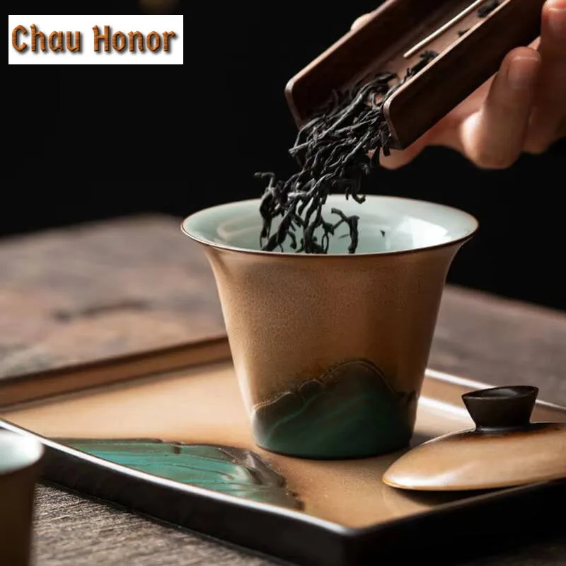 130ml Retro Distant Hills Coarse Pottery Gaiwan Japanese Tea Tureen Tea Bowl with Lid Kit Tea Maker Cover Bowl Teaset Ornaments