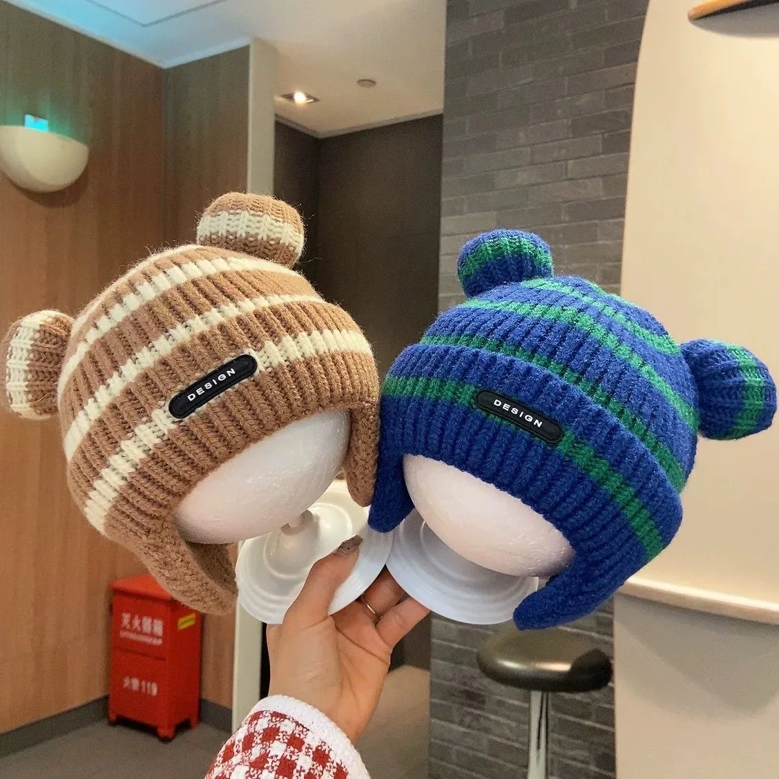 Classic striped children's ear protection cap fall and winter models baby knitted wool cap men and girls fashion warm pullover c