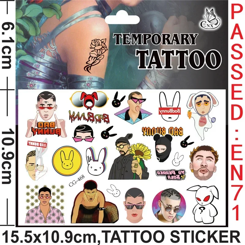 Singer Star Cartoon Bad Bunny Tattoo Stickers Children's Temporary Tattoos Body Art Cosplay Party Toys Kids Fans Gift