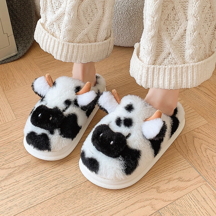 Casual Flauschige Hausschuhe Frauen Haus Niedlichen Cartoon Kuh Designer Schuhe Mädchen Flache Mode Elegante Plüsch Winter Plattform Schuhe Hause – Detail 7