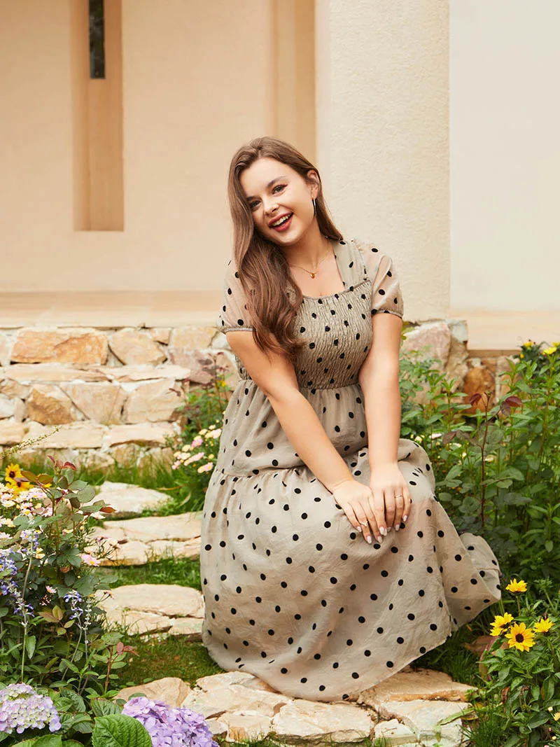 Plus Size Long Polka Dot Dress Women Elegant Summer Big Size Dress Women Khaki Chiffon Plus Size Maxi Dresses For Women 2023
