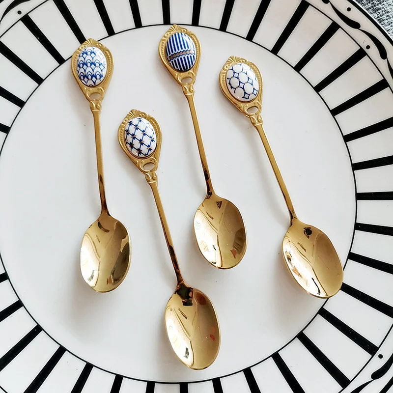 

4Pcs Stainless Steel Dessert Spoon Ceramic Long Handle Icecream Teaspoon Coffee Accessories Tea