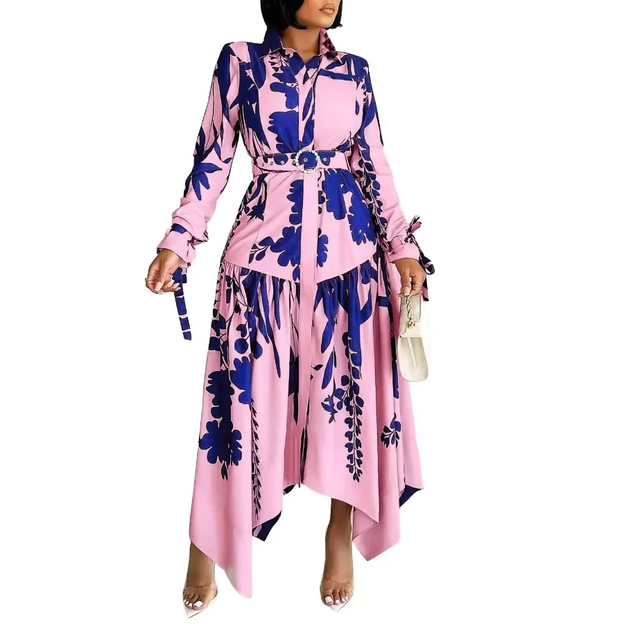 

2024 New Fashionable Spring Printing Long Dress Women's Turn Down Collar Long Sleeved Irregular Belt Slim Print Casual Dress