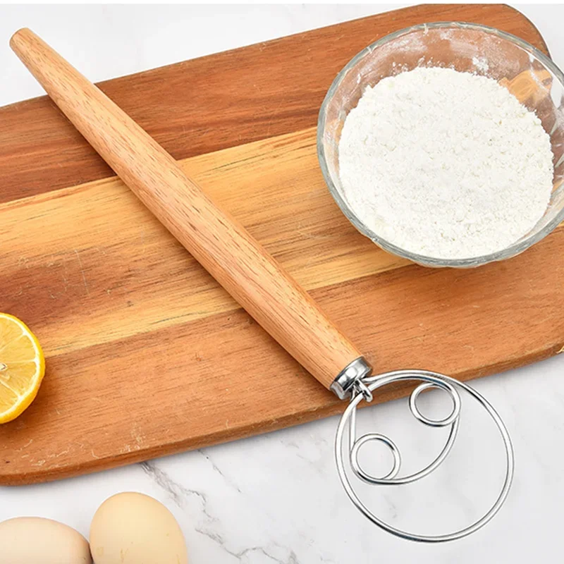 Dough Whisk Danish Stainless Steel Dutch Style Bread Dough Hand Mixer Wooden Handle Kitchen Baking Tools Pastry Blender
