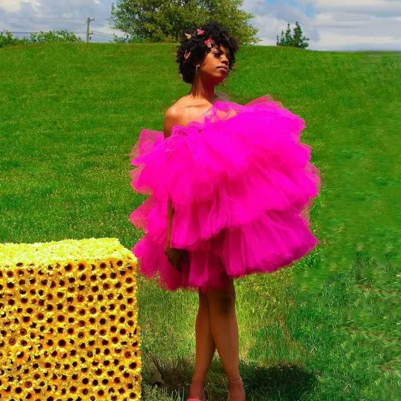 Hot Pink Women Summer Dress Tiered Ruffles Tulle Mini Prom Gowns Party Dress  Short Birthday Dresses Elastic Strapless Customized - Dresses - AliExpress