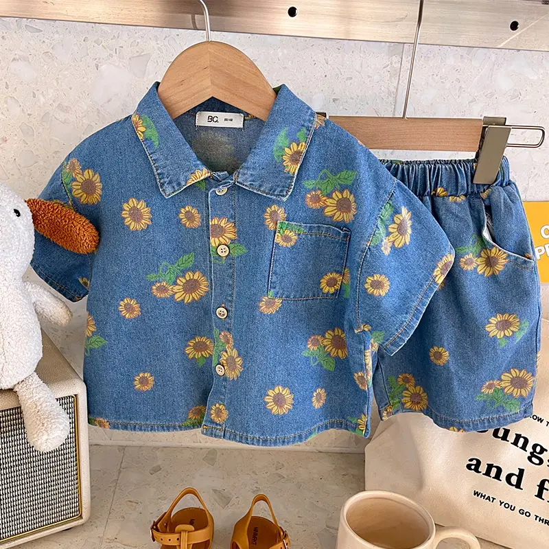 Kids Clothing Set Summer Baby Boys Girls Outfits Sunflower Printed Short Sleeve T-shirts + Shorts 2pcs Denim