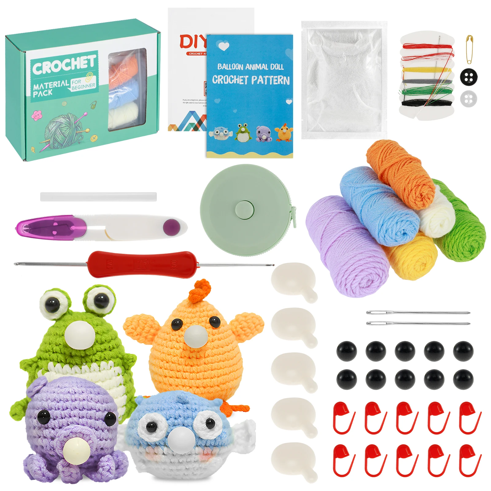 4Pcs Crochet Kit for Beginners Complete Animal Crochet Knitting Kit Adorable Chick Frog Octopus Starter DIY Craft