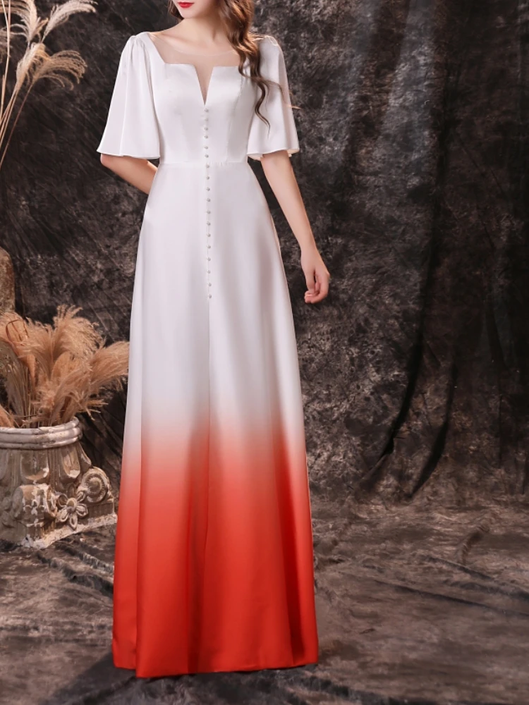 

French High End Square Collar Short Sleeve Evening Dress Formal Luxury Shinny Slim A-line Party Vestidos Chic Gradient Long Gown