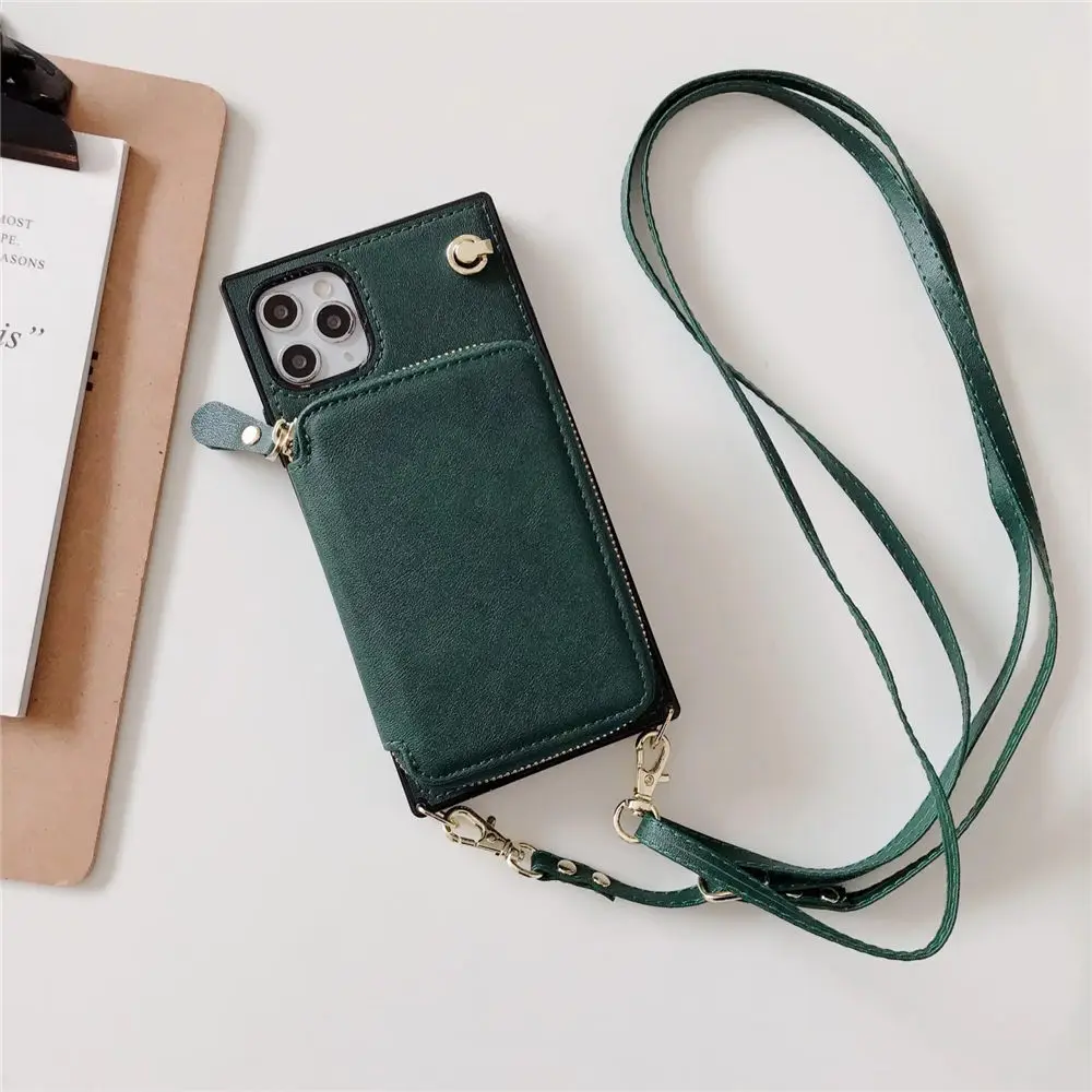 Elegant Zipper Wallet Crossbody Leather Case with Long Lanyard