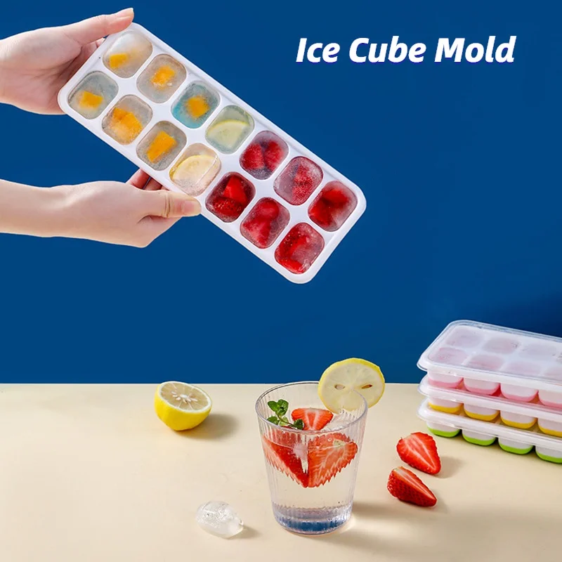 Square 14-cell Ice Cube Mold With Lid Silicone Soft Bottom DIY Ice Cream Maker Making Cube Trays Reusable Kitchen Tools