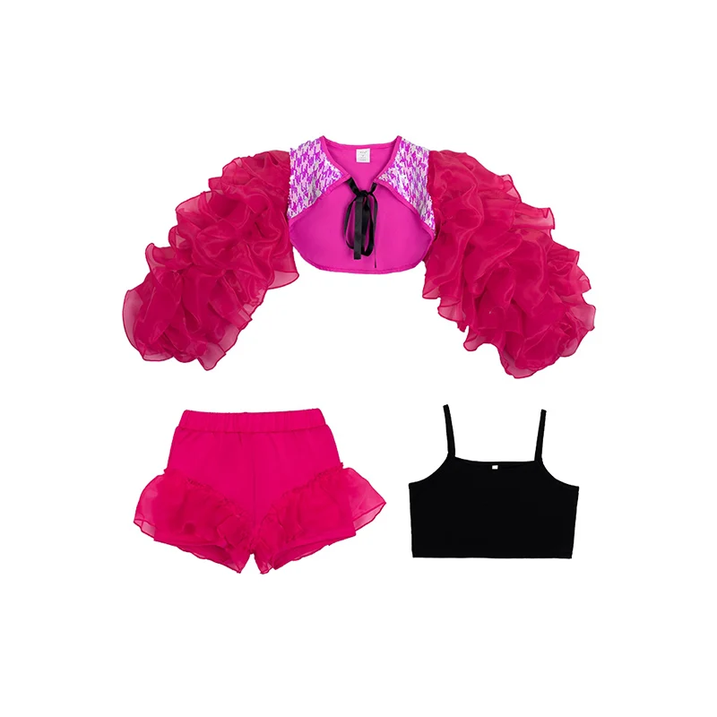 2023 Pink Puff Sleeve Cheerleading Clothing For Girls Concert Performance Stage Costume Jazz Dance Outfit Kpop Clothing DL11215