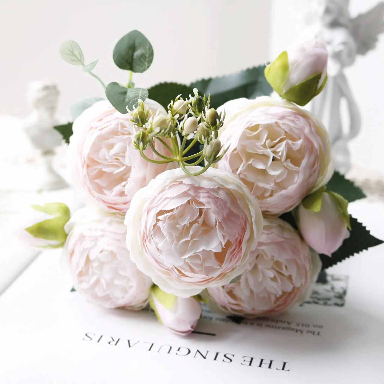 30cm Rose White Peony Artificial Flowers Bouquet 5 Big Head and 4 Bud for Home Wedding Decoration Indoor