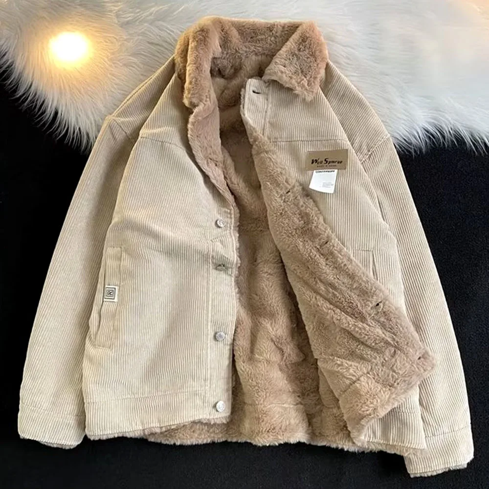 

Men's Khaki Y2K Winter Thick Parkas Plus Velvet Loose Corduroy Down Coat Quality Jacket For Men Sweatshirts Windbreaker