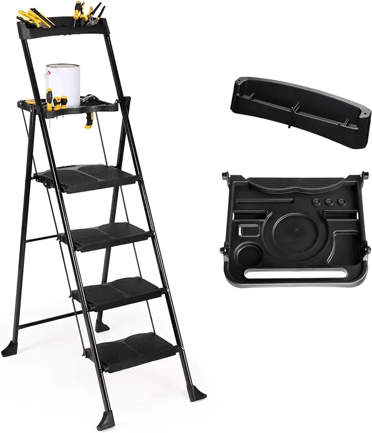 

4 Step Ladder with 2 Tool Platform Lightweight Folding Stepladders Home Improvement Step Stool 330lbs Sturdy Steel Ladder