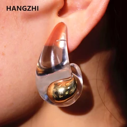 HangZhi New Design Transparent Resin Large Earrings Water Drop Metal Copper Ball Pearl Elegant Vintage Jewelry for Women