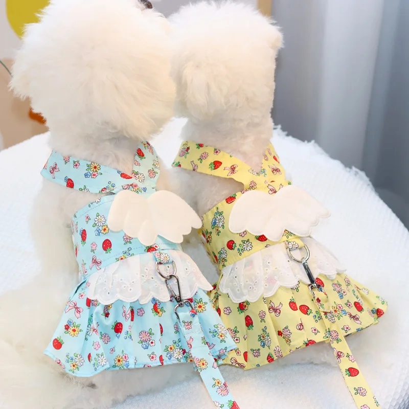 

Thin Summer Pet Harness Clothes Angel Wings Printing Dogs Harnesses Dress Sweet Cat Harness Leash Set For Small Pets Pet Skirts