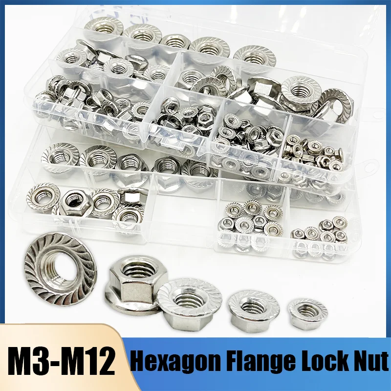 Hexágono Flange Porca Cabeça Sextavada Serrilhada Spinlock Flange Porca Bloqueio Porca Variedade Kit m3 m4 m5 m6 m8 M10 M12 a2 Aço Inoxidável 304