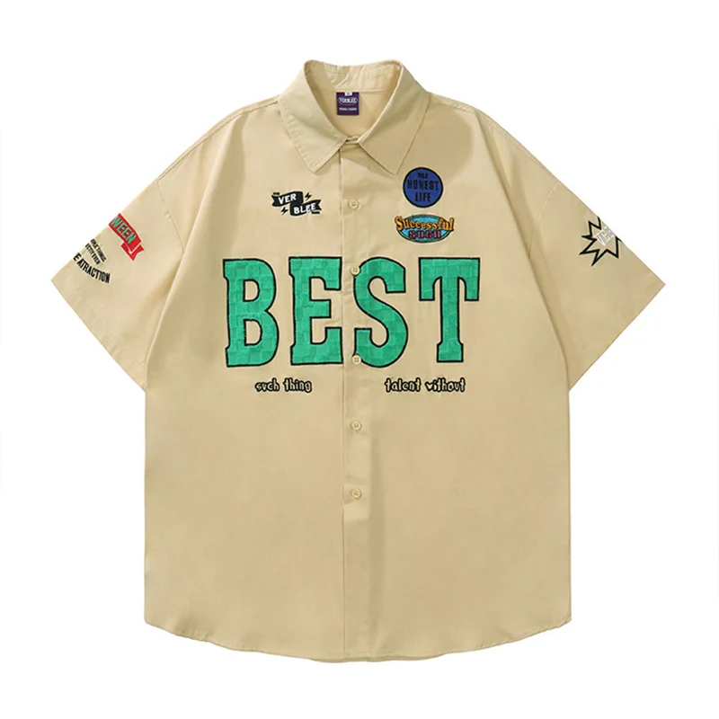 

Letter Embroidery Short Sleeve Shirt for Men Streetwear Cotton Half-Sleeve Shirts Summer Casual Loose Lapel Vintage Shirts Tops