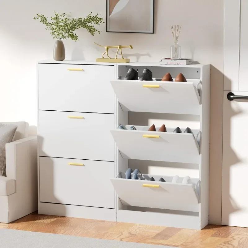Shoe Cabinet Storage with 3 Flip Drawers for Entryway, White Slim Freestanding Modern Narrow Shoe Organizer Rack 5