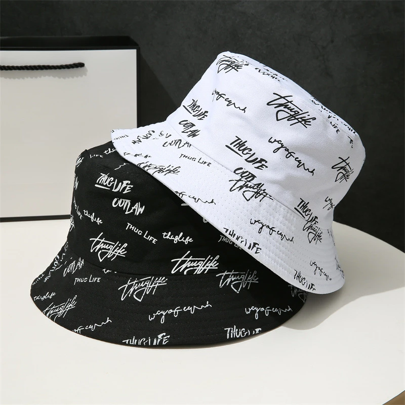 

Unisex Wide Brim Foldable Bucket Hats Double-sided Wear Bucket Hat Men Women Japanese Graffiti Letter Outdoor Sun Hats