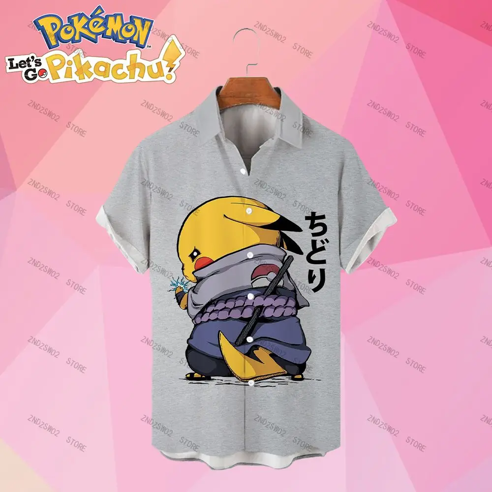 

Pikachu Pokémon Men's Shirts Cartoon Fashion Summer Short Sleeve New Couples Dress Social Shirt Streetwear Cute Women's Harajuku