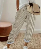 Pantalon d'été transfrontalier européen et américain pour femmes, nouvelle mode, ample, imprimé à rayures, taille élastique, cordon de serrage, pantalons décontractés 1