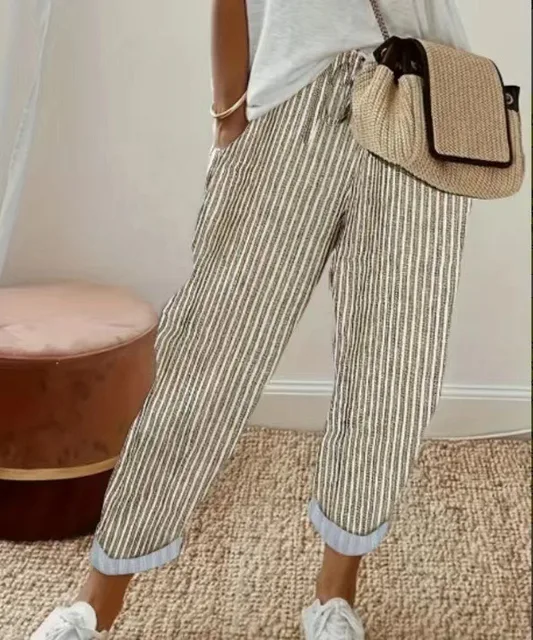 Pantalon d'été transfrontalier européen et américain pour femmes, nouvelle mode, ample, imprimé à rayures, taille élastique, cordon de serrage, pantalons décontractés 1