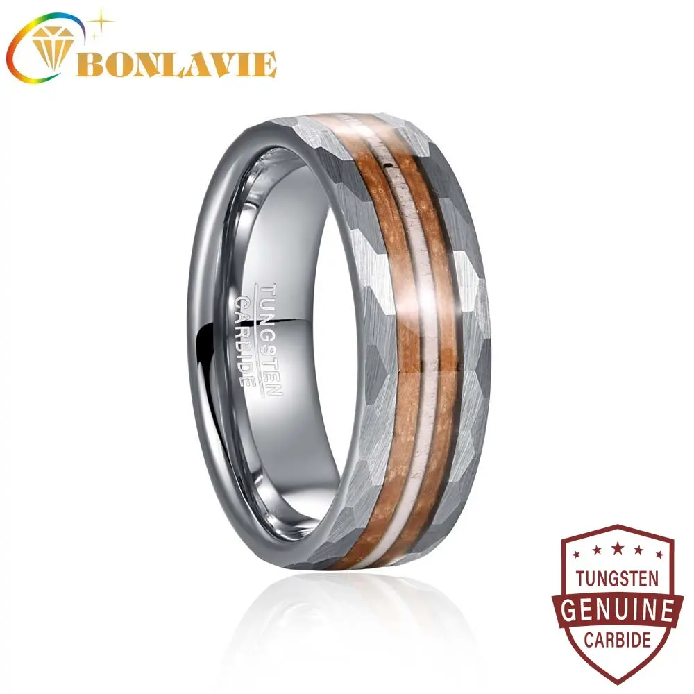 

BONLAVIE 8mm Lasha Batch on Both Sides Inlaid Wood Grain Antler Tungsten Steel Ring For Men Fashion Engagement Rings Size 7-12