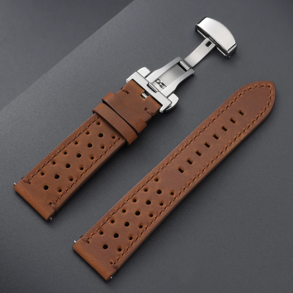 Vintage Cowhide Leather Quick Release Watch Strap with Butterfly Buckle - Brown/Black