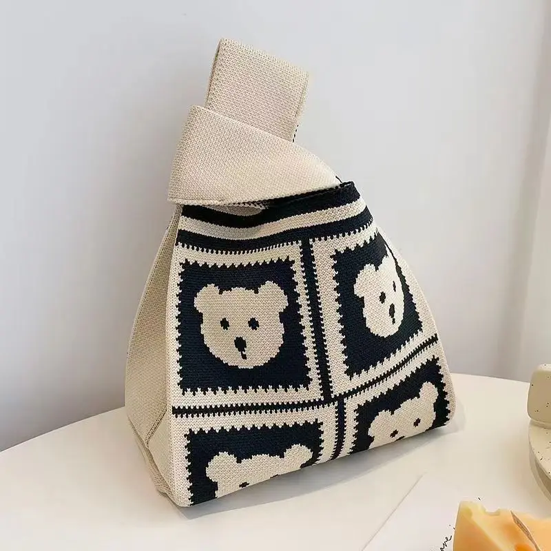 Colorblock Stripes Graphic Crochet Bag Fashion Tote Handbag Women's Knitting Wrist Bag