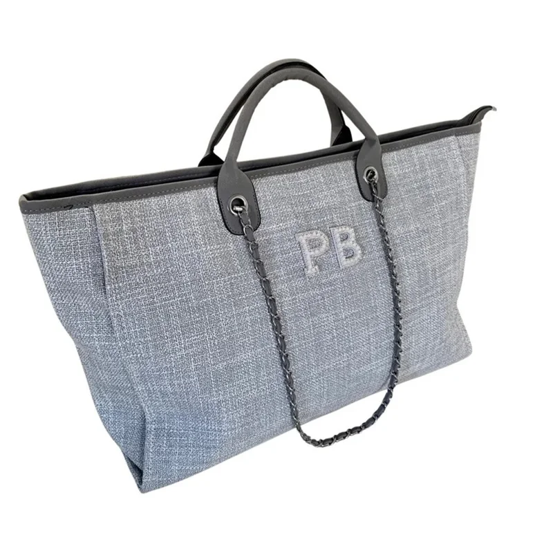 Large Luxury Grey Personalised Monogram Tote Bag, Canvas Chain Beach Shopping Tote Bag, Personalized Weekend Hand Bag weekend