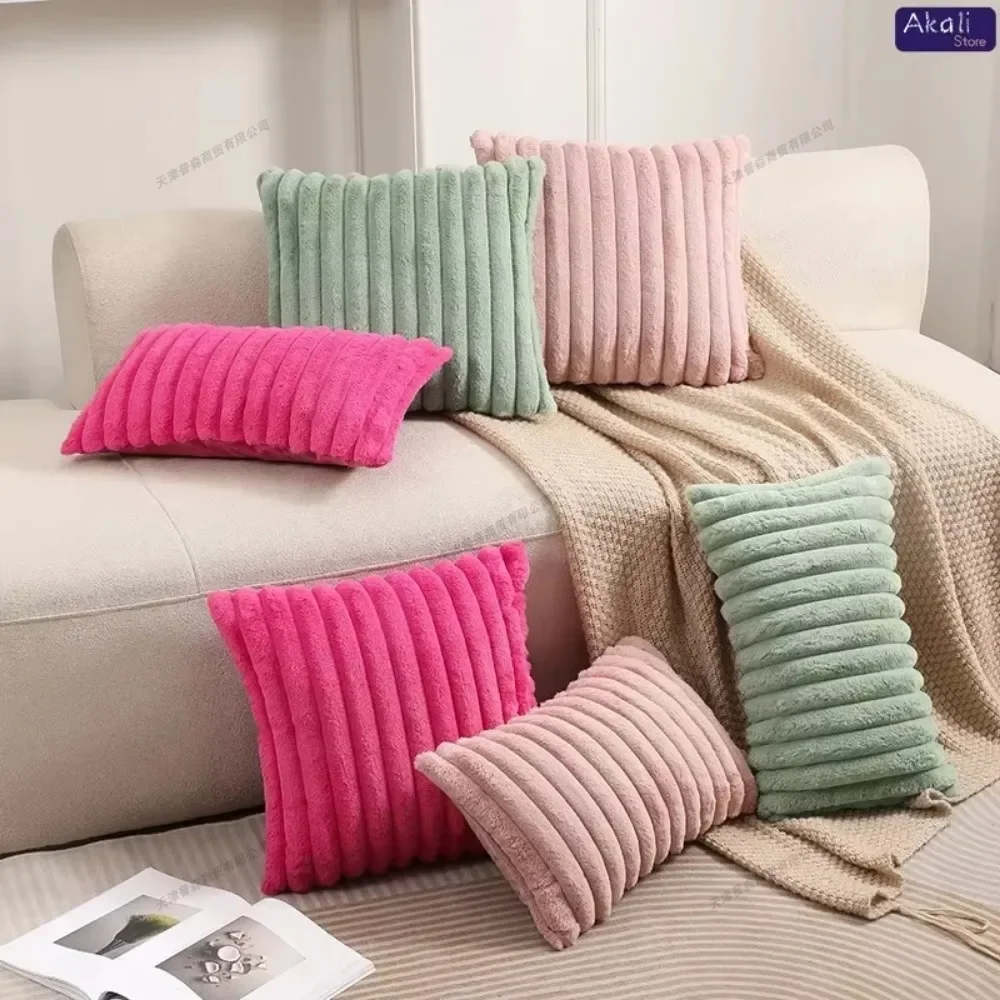 Luxurious Faux Rabbit Fur Plush Cushion Cover - Soft and Fluffy Striped Decorative Pillow
