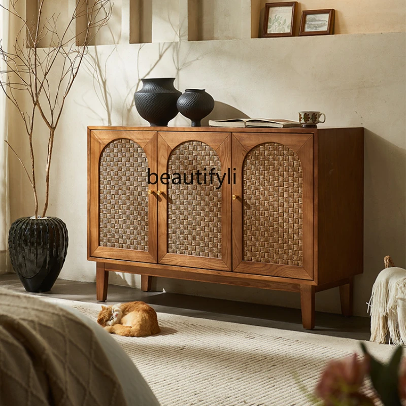 

Nordic Solid Wood Rattan Sideboard Cabinet Small Apartment Living Room Tea Cabinet Locker Simple Modern Foyer Doorway Cabinet