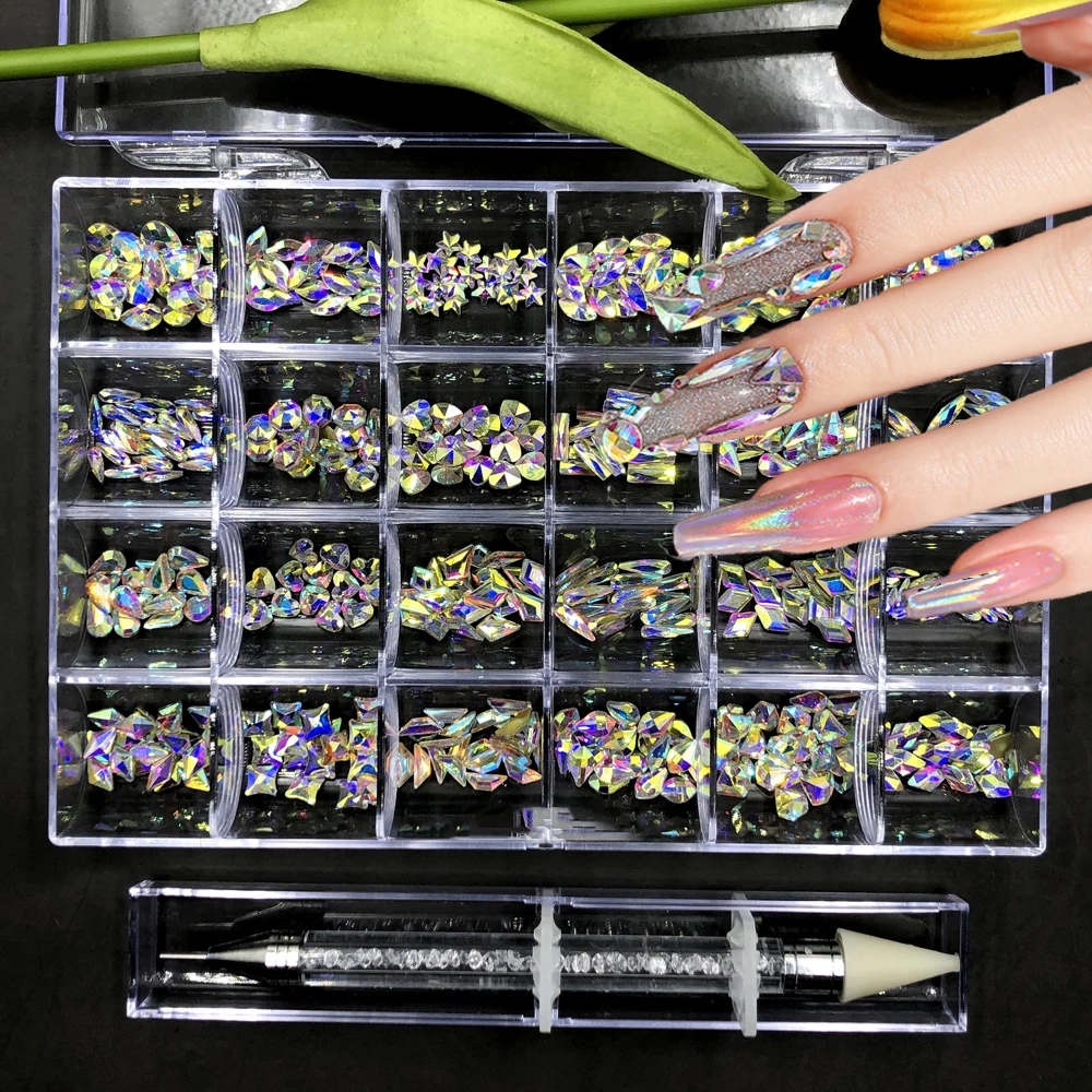 

1Box Aurora Crystal Glass Nail charm Rhinestones 20/24Grids Waterdrop Horse-Eye Diamond FlatBack Nail art Glass Gemstone 2023