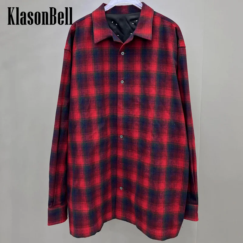 

12.22 KlasonBell Men Women Clothes Same Fashion Vintage Plaid Back Badge Decoration Long Sleeve Single Breasted Loose Shirt