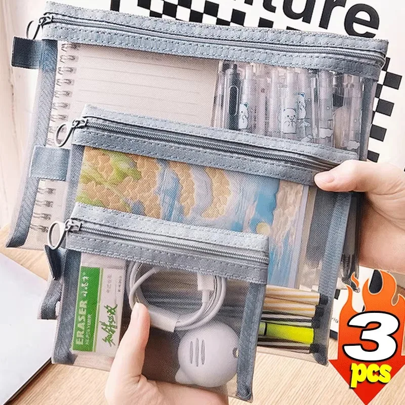 1/3pcs Transparent Mesh Zipper Cosmetic Bag Women Necessary Organizer Fashion Small Large Grey Toiletry Bags Makeup Pouch Case 2