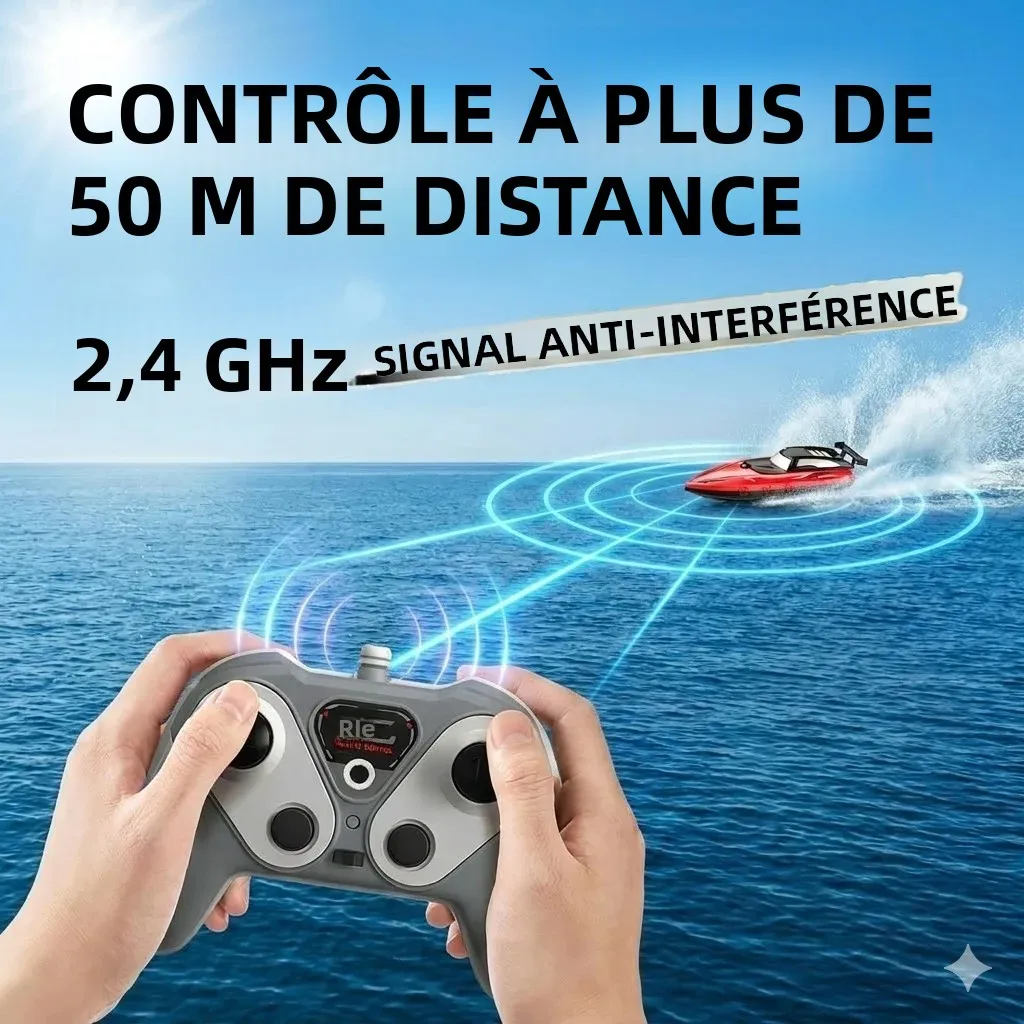 Bateau RC 2.4GHz 3502-2 vu de côté, antenne et hélice visibles