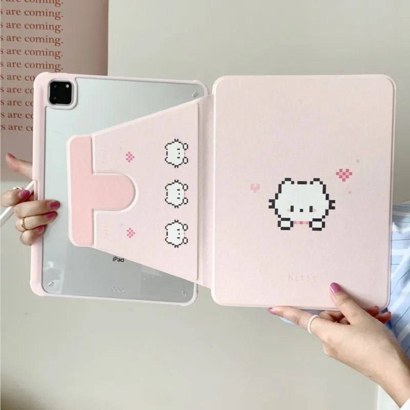 Kawaii Pixel Kitty Cat iPad Case with 360 Rotating Stand and Pencil Holder