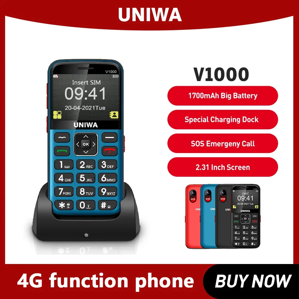 Uniwa V1000 4G Feature Phone 2.31 Pollici Big Button Cellulare 0.3Mp Fotocamera Posteriore Cellulare Russia Tastiera Per Anziani 1700Mah