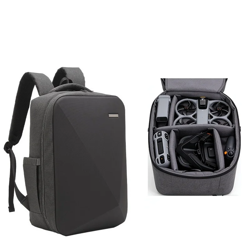 Intérieur de l'étui avec le drone DJI Avata 360 et accessoires rangés dans la mousse découpée sur mesure.
