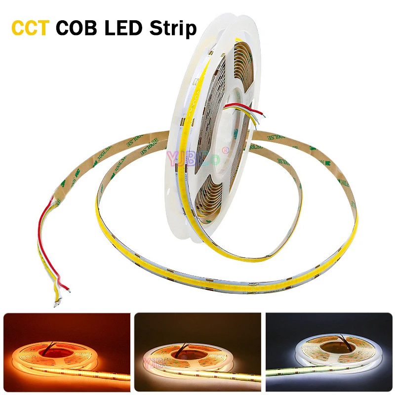 5M Flexible CCT COB LED Strip Tape double color temperature 24V 608LEDs/m White Warm White 2 in 1 FCOB Top angle line Light cob cct led strips 24v dc12v 608leds fcob led light dimmable dual color 10mm pcb 5m high density flexible ra90 linear tape