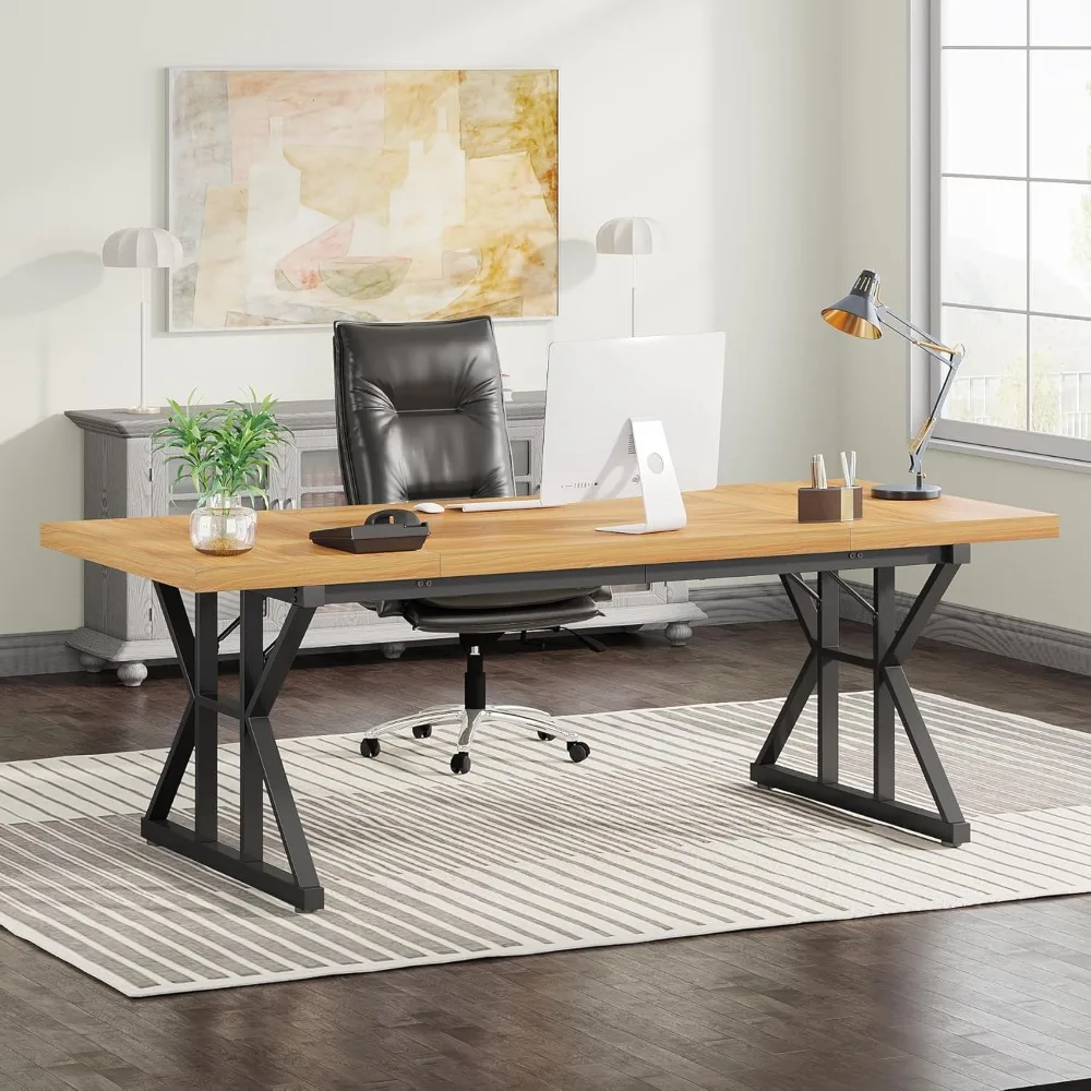 

Large Computer Office Desk Workstation, Modern Simple Style Laptop Desk Study Writing Table(Light Walnut/Black, 70.8 Inch)